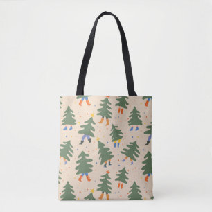 Whimsical Walking Christmas Trees Patroon Tote Bag