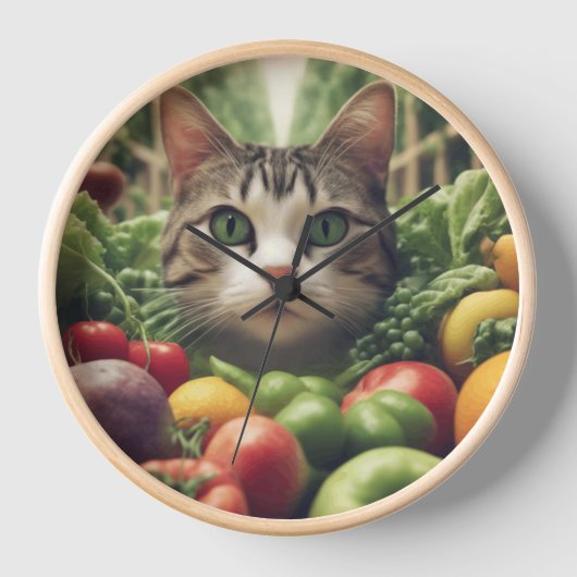 Whimsical wandklok met kat en fruit ontwerp (Voorkant)