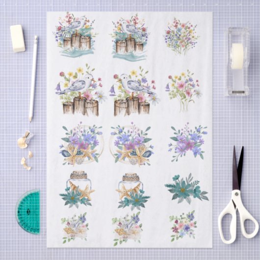 Whimsical Watercolor Beachy Florals & Shells  Tissuepapier (Craft)