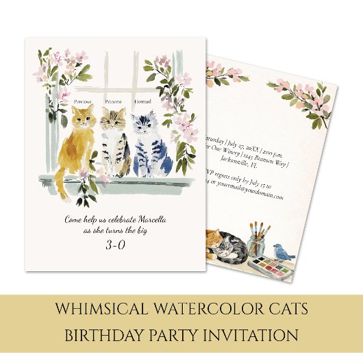 Whimsical Watercolor Cats Birthday Party | Kaart