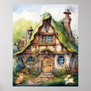 Whimsical Watercolor Fantasie Cottage Dieren Kinde Poster