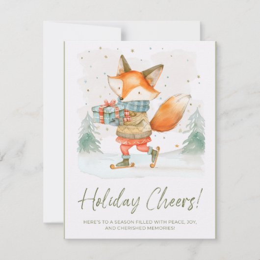 Whimsical Watercolor Fox on Ice Skates Feestdagenkaart (Voorkant)