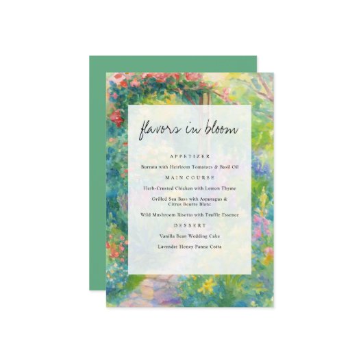 Whimsical Watercolor Garden Themed Wedding Menu (Voorkant / Achterkant in situ)