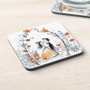 Whimsical Watercolor Koppel Bloemboog Trouwdag Bier Onderzetter