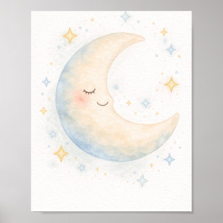 Whimsical watercolor moon and stars nursery poster