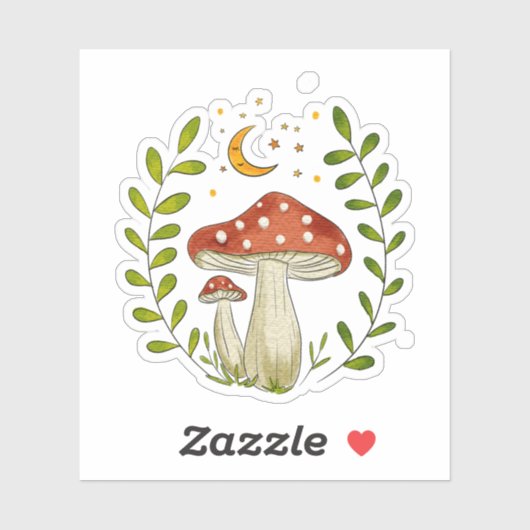 Whimsical Watercolor Mushroom and Moon Sticker (Vel)