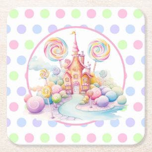 Whimsical Watercolor Pastel Candyland Verjaardag Kartonnen Onderzetters