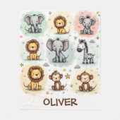 Whimsical Watercolor Safari Dier Doodles Fleece Deken (Voorkant)