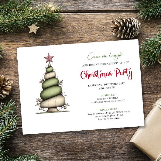 Whimsical watercolor tree Christmas party invite Kaart