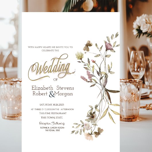 Whimsical Watercolor Wildebloem Bruiloft   Kaart