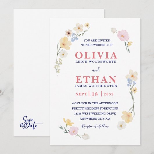 Whimsical Watercolor Wildflower Floral Spring Kaart (Voorkant / Achterkant)