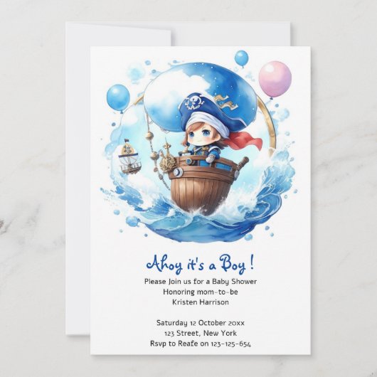 Whimsical Waters: Waterverf Boy Baby shower Kaart (Voorkant)