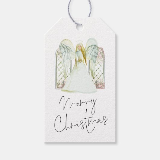 Whimsical Waterverf Angel Merry kerstnaam Cadeaulabel (Voorkant)