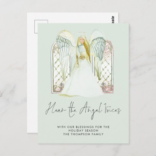 Whimsical Waterverf Angel Voices Script Nativiteit Briefkaart (Voorkant / Achterkant)