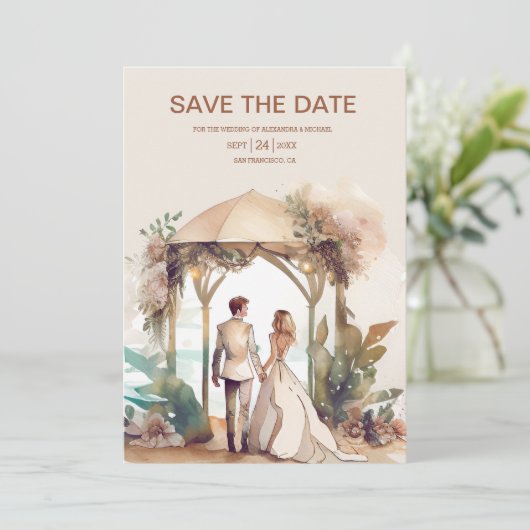 Whimsical Waterverf Beach Destination Wedding Save The Date (Staand voorkant)