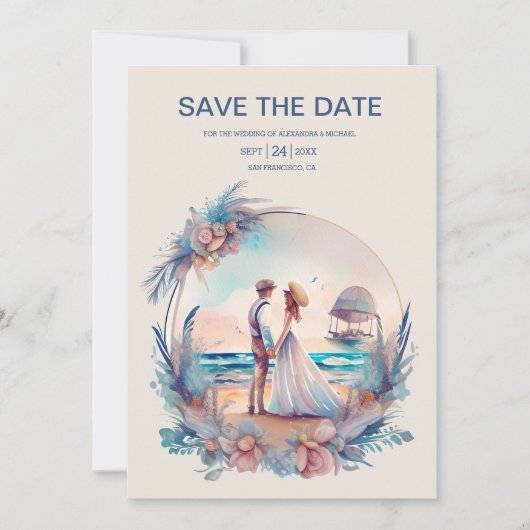Whimsical Waterverf Beach Destination Wedding Save The Date (Voorkant)