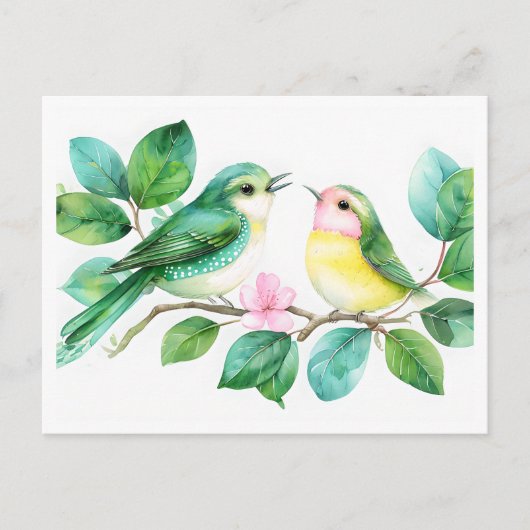 Whimsical Waterverf Birds op Leafy Branch Briefkaart (Voorkant)