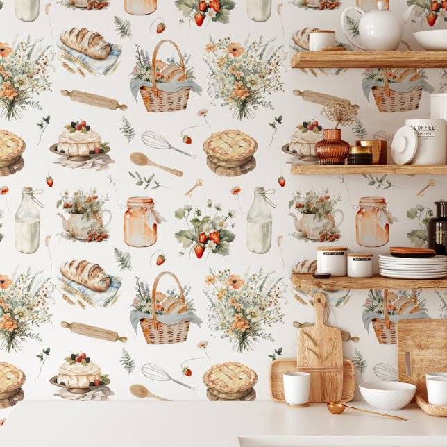 Whimsical Waterverf Bloemen Aardbei Land Behang (In situ)