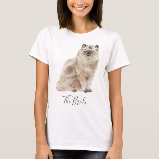 Whimsical Waterverf Bloemen Bruid Kat T-shirt (Voorkant)