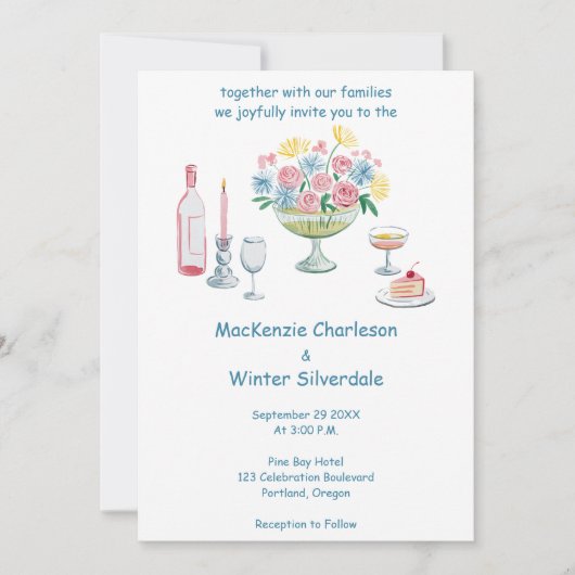 Whimsical Waterverf Bloemen & Drinken bruiloft Kaart (Voorkant)