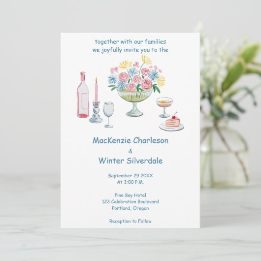 Whimsical Waterverf Bloemen & Drinken bruiloft Kaart (Staand voorkant)