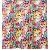 Whimsical Waterverf Bloemen en Katten Kleurrijk Douchegordijn (Voorkant)