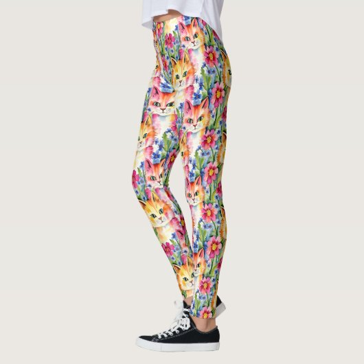 Whimsical Waterverf Bloemen en Katten Kleurrijk Leggings (Links)