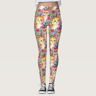 Whimsical Waterverf Bloemen en Katten Kleurrijk Leggings