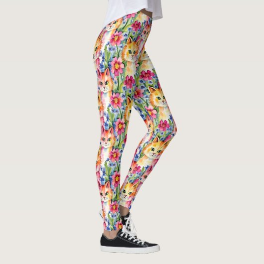 Whimsical Waterverf Bloemen en Katten Kleurrijk Leggings (Rechts)