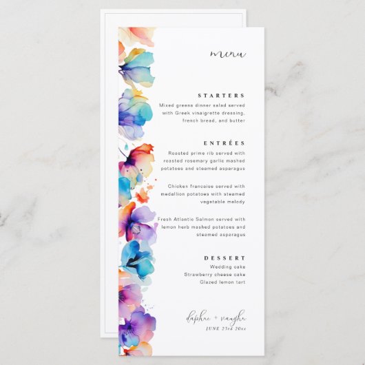 Whimsical Waterverf Bloemen Vlak Bruiloft Menu (Voorkant / Achterkant)