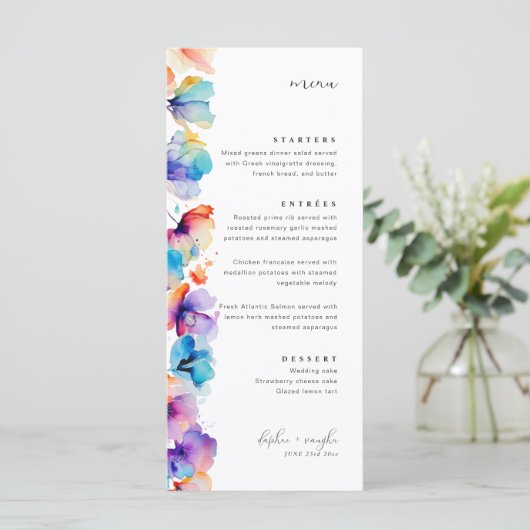 Whimsical Waterverf Bloemen Vlak Bruiloft Menu (Staand voorkant)