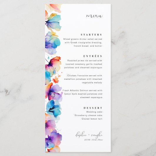 Whimsical Waterverf Bloemen Vlak Bruiloft Menu (Voorkant)