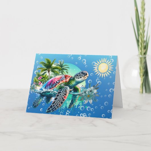 Whimsical Waterverf Bloemen Zee Schildpad Note Kaa Feestdagen Kaart (Voorkant)