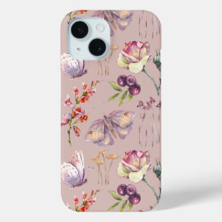 Whimsical Waterverf Bloemenvlinder Paddestoel iPhone 15 Case