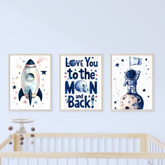Whimsical Waterverf Blue Space Moon & Back Muurkunst Sets
