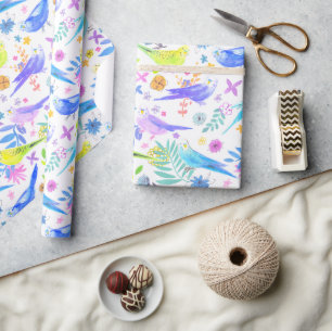Whimsical Waterverf Budgie Parkieten Cadeaupapier