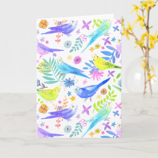 Whimsical Waterverf Budgie Parkieten Kaart (Gele Bloem)