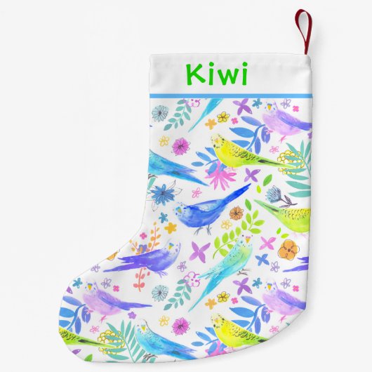 Whimsical Waterverf Budgie Parkieten Kleine Kerstsok (Achterkant)