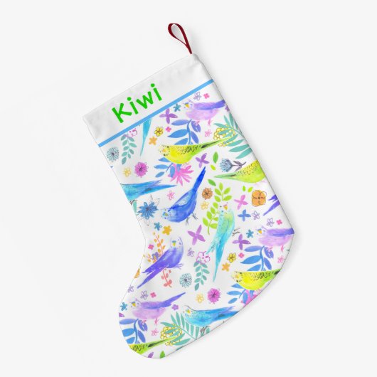 Whimsical Waterverf Budgie Parkieten Kleine Kerstsok (Achterkant (Hangend))
