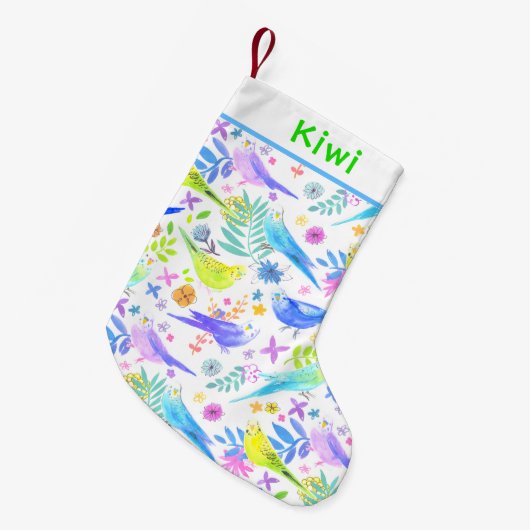 Whimsical Waterverf Budgie Parkieten Kleine Kerstsok (Voorkant (Hangend))