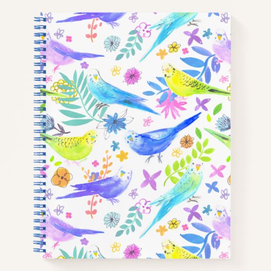 Whimsical Waterverf Budgie Parkieten Notitieboek (Voorkant)
