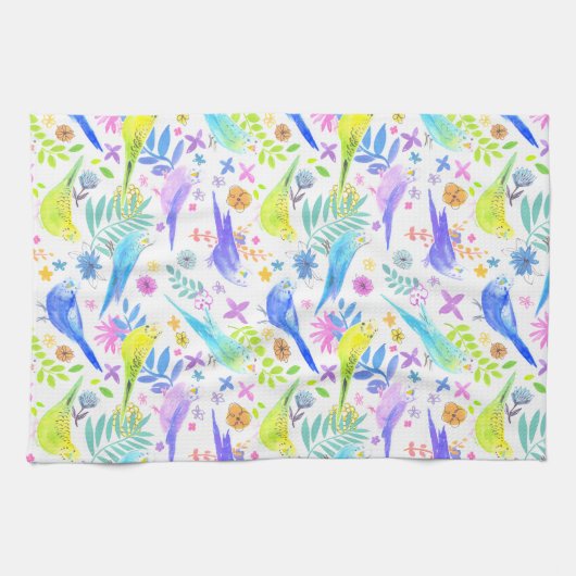 Whimsical Waterverf Budgie Parkieten Theedoek (Horizontaal)