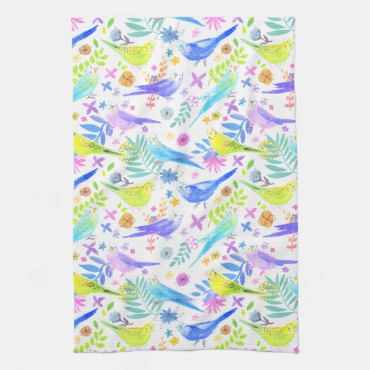 Whimsical Waterverf Budgie Parkieten Theedoek (Verticaal)