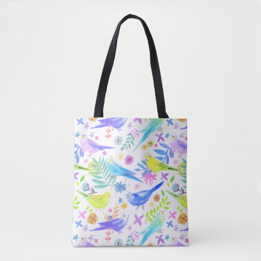 Whimsical Waterverf Budgie Parkieten Tote Bag (Voorkant)