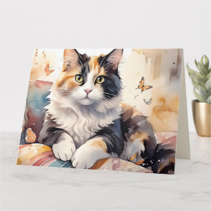 Whimsical Waterverf Calico Cat Wenskaart Kaart