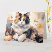 Whimsical Waterverf Calico Cat Wenskaart Kaart (Gele Bloem)