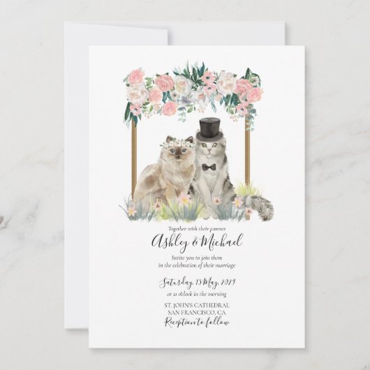 Whimsical Waterverf Cat Pink White Floral Arbor Kaart (Voorkant)