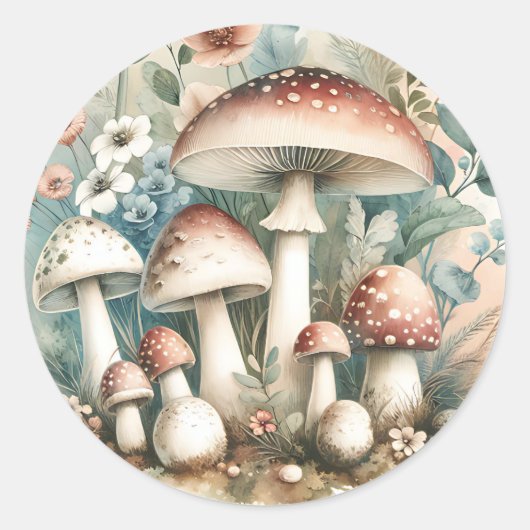 Whimsical Waterverf champignons en bloemen Ronde Sticker (Voorkant)