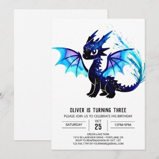 Whimsical Waterverf Dragon Digitale Verjaardag Kaart (Voorkant / Achterkant)