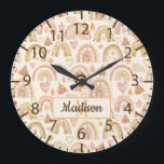 Whimsical Waterverf Earthy Boho Rainbows Name Grote Klok<br><div class="desc">monogram en naam wandklok op maat gemaakt met een patroon van waterverf beschilderde moderne boho rainbogen in een aardneutrale en terracotta toon.</div>